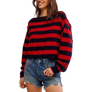 Free People Women Into the Blue Sweater Sz XL Red Blue Boxy Boho Wool Blend